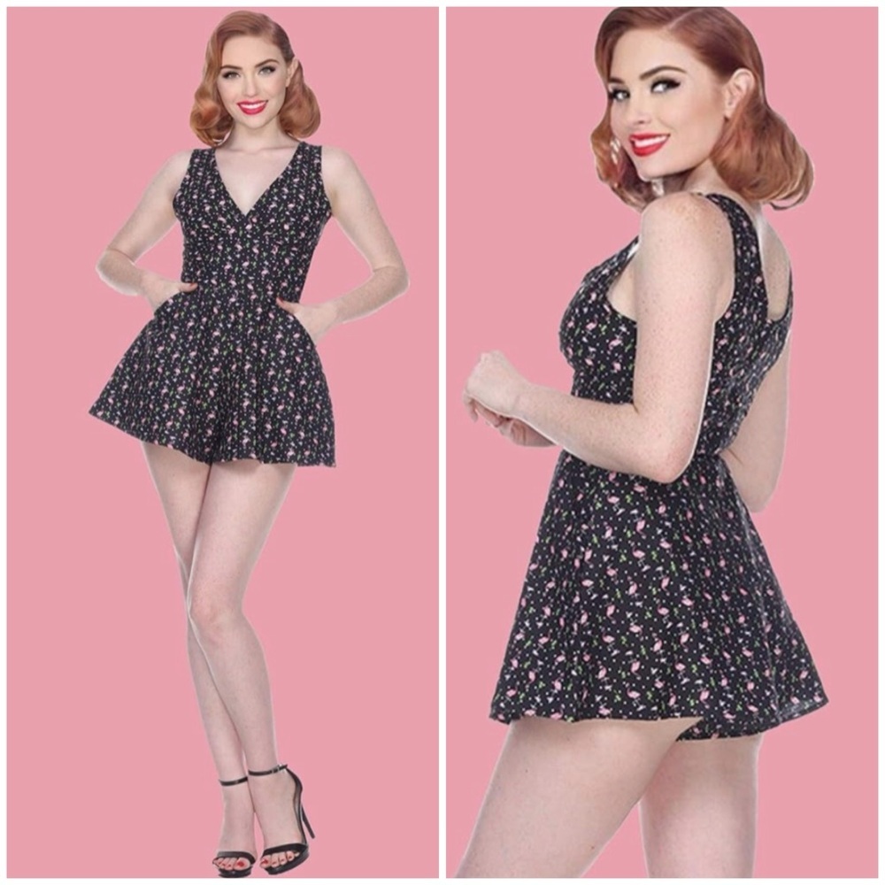 Sleeveless Floral Skater Romper in Black and Pink Pinup